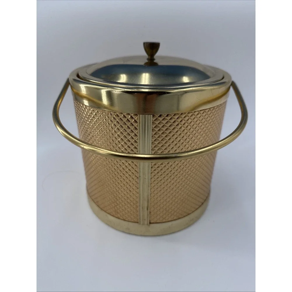 Vintage 1960's Midcentury Italian Gold Diamond Weave Metal Ice Bucket